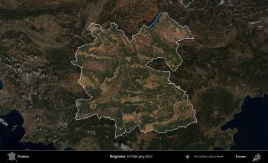 Brignoles. Fransa 'nın idari alanı, Şubat 2022' de çekilen Kopernik Sentinel karolarından oluşan koyu renkli bir uydu görüntüsü üzerinde vurgulandı ve özetlendi.
