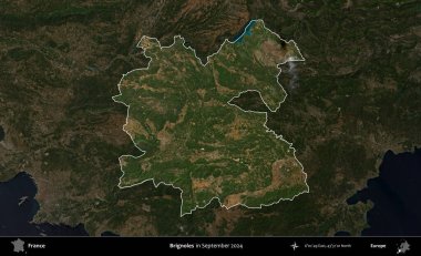 Brignoles. Fransa 'nın idari alanı, Eylül 2024' te çekilen Kopernik Nöbetçi karolarından oluşan koyu renkli bir uydu görüntüsü üzerinde vurgulandı ve özetlendi.