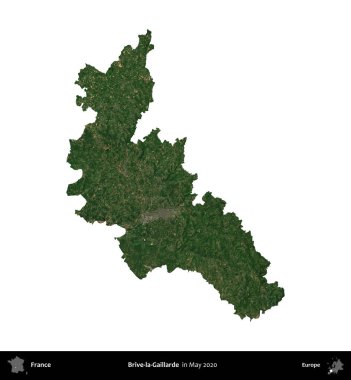 Brive-la-Gaillarde. Fransa 'nın idari bölgesi, Mayıs 2020' de çekilen Kopernik Nöbetçi karolarından oluşan bir uydu görüntüsüyle beyaza izole edildi.
