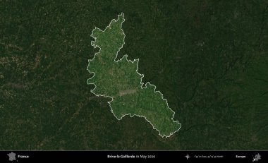 Brive-la-Gaillarde. Fransa 'nın idari alanı, Mayıs 2020' de çekilen Kopernik Nöbetçi karolarından oluşan koyu renkli bir uydu görüntüsü üzerinde vurgulandı ve özetlendi.