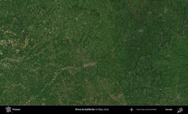 Brive-la-Gaillarde. Mayıs 2020 'de Copernicus Sentinel karolarından oluşan bir uydu görüntüsü üzerine Fransa' nın idari bölgesi