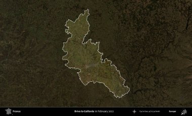 Brive-la-Gaillarde. Fransa 'nın idari alanı, Şubat 2022' de çekilen Kopernik Sentinel karolarından oluşan koyu renkli bir uydu görüntüsü üzerinde vurgulandı ve özetlendi.