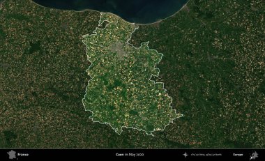 Caen. Fransa 'nın idari alanı, Mayıs 2020' de çekilen Kopernik Nöbetçi karolarından oluşan koyu renkli bir uydu görüntüsü üzerinde vurgulandı ve özetlendi.