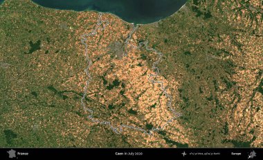 Caen. Copernicus Sentinel 'in Temmuz 2020' de çekilen uydu görüntüsünde Fransa 'nın idari bölgesinin ana hatları belirlendi.