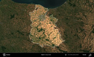 Caen. Fransa 'nın idari alanı, Temmuz 2020' de çekilen Kopernik Nöbetçi karolarından oluşan koyu renkli bir uydu görüntüsüyle vurgulandı ve özetlendi.