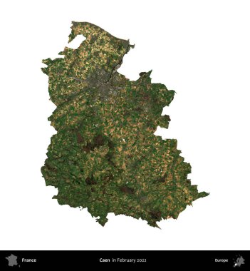 Caen. Fransa 'nın idari bölgesi, Şubat 2022' de çekilen Kopernik Nöbetçi karolarından oluşan bir uydu görüntüsüyle beyaza izole edildi.