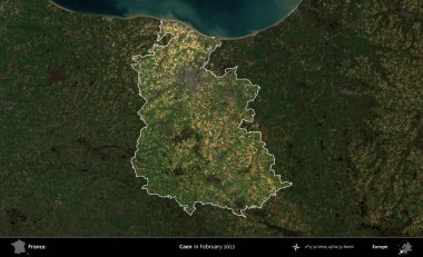 Caen. Fransa 'nın idari alanı, Şubat 2022' de çekilen Kopernik Sentinel karolarından oluşan koyu renkli bir uydu görüntüsü üzerinde vurgulandı ve özetlendi.