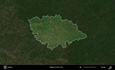 Cahors. Fransa 'nın idari alanı, Mayıs 2024' te çekilen Kopernik Nöbetçi karolarından oluşan koyu renkli bir uydu görüntüsü üzerinde vurgulandı ve özetlendi.