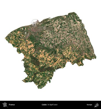 Calais. Fransa 'nın idari bölgesi, Nisan 2021' de çekilen Kopernik Nöbetçi karolarından oluşan bir uydu görüntüsü ile beyaza izole edildi.