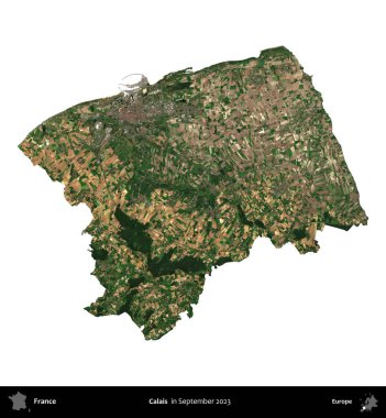 Calais. Fransa 'nın idari bölgesi, Eylül 2023' te çekilen Kopernik Nöbetçi karolarından oluşan bir uydu görüntüsü üzerinde beyaza izole edildi.
