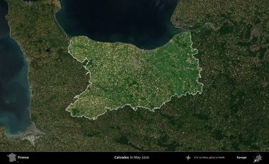 Calvados. Fransa 'nın idari alanı, Mayıs 2020' de çekilen Kopernik Nöbetçi karolarından oluşan koyu renkli bir uydu görüntüsü üzerinde vurgulandı ve özetlendi.