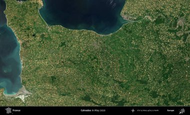 Calvados. Mayıs 2020 'de Copernicus Sentinel karolarından oluşan bir uydu görüntüsü üzerine Fransa' nın idari bölgesi
