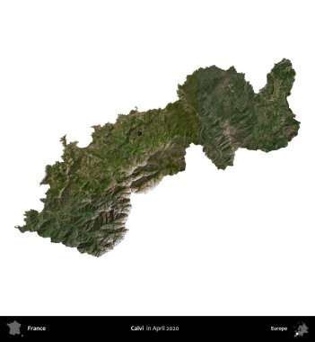 Calvi. Fransa 'nın idari bölgesi, Nisan 2020' de çekilen Kopernik Nöbetçi karolarından oluşan bir uydu görüntüsüyle beyaza izole edildi.