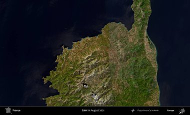 Calvi. Copernicus Sentinel 'in Ağustos 2021' de çekilmiş uydu görüntüsü üzerine Fransa 'nın idari bölgesi.