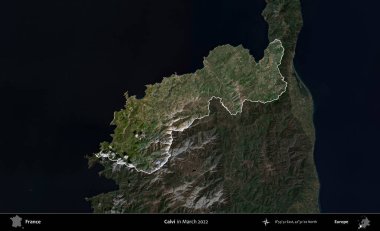 Calvi. Fransa 'nın idari alanı, Mart 2022' de çekilen Kopernik Sentinel karolarından oluşan koyu renkli bir uydu görüntüsü üzerinde vurgulandı ve özetlendi.
