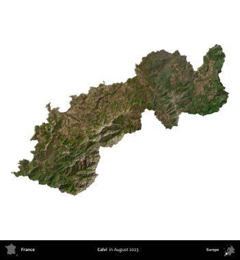 Calvi. Fransa 'nın idari bölgesi, Ağustos 2023' te çekilen Kopernik Nöbetçi karolarından oluşan bir uydu görüntüsüyle beyaza izole edildi.
