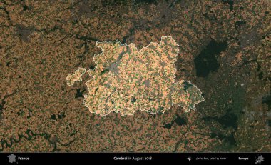 Cambrai. Fransa 'nın idari alanı, Ağustos 2018' de çekilen Kopernik Nöbetçi karolarından oluşan koyu renkli bir uydu görüntüsü üzerinde vurgulandı ve özetlendi.