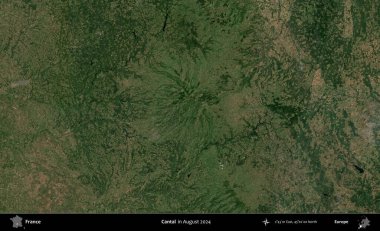 Cantal. Copernicus Sentinel 'in Ağustos 2024' te çekilmiş uydu görüntüsü üzerine Fransa 'nın idari bölgesi.