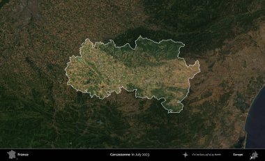 Carcassonne. Fransa 'nın idari alanı, Temmuz 2023' te çekilen Kopernik Nöbetçi karolarından oluşan koyu renkli bir uydu görüntüsüyle vurgulandı ve özetlendi.