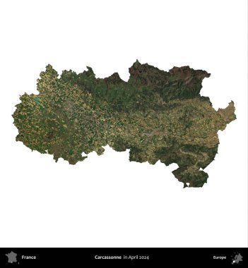 Carcassonne. Fransa 'nın idari bölgesi, Nisan 2024' te çekilen Kopernik Nöbetçi karolarından oluşan bir uydu görüntüsü ile beyaza izole edildi.