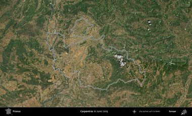 Marangozlar. Copernicus Sentinel 'in Haziran 2019' da çekilen uydu görüntüsünde Fransa 'nın idari bölgesinin ana hatları belirlendi.