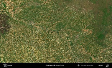 Castelsarrasin. Copernicus Sentinel 'in Nisan 2021' de çekilmiş uydu görüntüsü üzerine Fransa 'nın idari bölgesi.