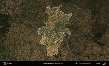 Castelsarrasin. Fransa 'nın idari alanı, Ekim 2023' te çekilen Kopernik Nöbetçi karolarından oluşan koyu renkli bir uydu görüntüsü üzerinde vurgulandı ve özetlendi.