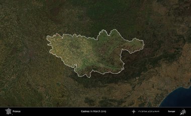 Castres. Fransa 'nın idari alanı, Mart 2019' da çekilen Kopernik Nöbetçi karolarından oluşan koyu renkli bir uydu görüntüsü üzerinde vurgulandı ve özetlendi.