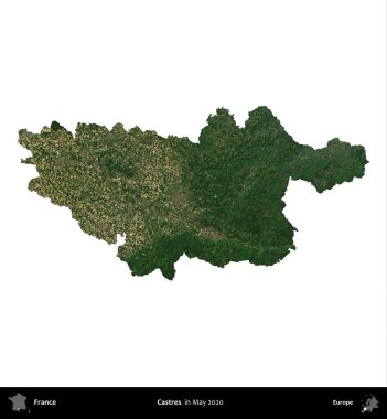 Castres. Fransa 'nın idari bölgesi, Mayıs 2020' de çekilen Kopernik Nöbetçi karolarından oluşan bir uydu görüntüsüyle beyaza izole edildi.