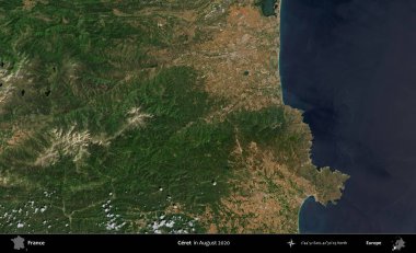 Çerçeve. Copernicus Sentinel 'in Ağustos 2020' de çekilmiş uydu görüntüsü üzerine Fransa 'nın idari bölgesi.