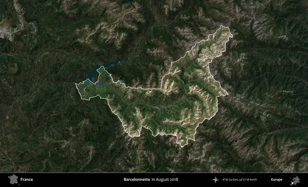 Barcelonnette. Fransa 'nın idari alanı, Ağustos 2018' de çekilen Kopernik Nöbetçi karolarından oluşan koyu renkli bir uydu görüntüsü üzerinde vurgulandı ve özetlendi.