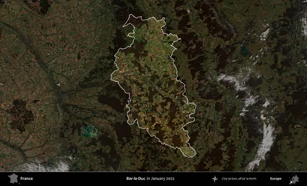 Bar-le-Duc. Fransa 'nın idari alanı, Ocak 2022' de çekilen Kopernik Sentinel karolarından oluşan koyu renkli bir uydu görüntüsü üzerinde vurgulandı ve özetlendi.