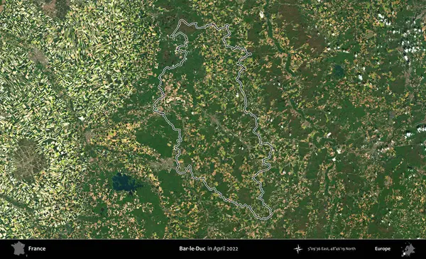 Bar-le-Duc. Nisan 2022 'de çekilen Copernicus Sentinel karolarından oluşan bir uydu görüntüsünde Fransa' nın idari bölgesinin ana hatları belirlendi.