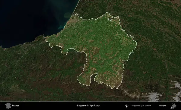 Bayonne. Fransa 'nın idari alanı, Nisan 2024' te çekilen Kopernik Nöbetçi karolarından oluşan koyu renkli bir uydu görüntüsü üzerinde vurgulandı ve özetlendi.