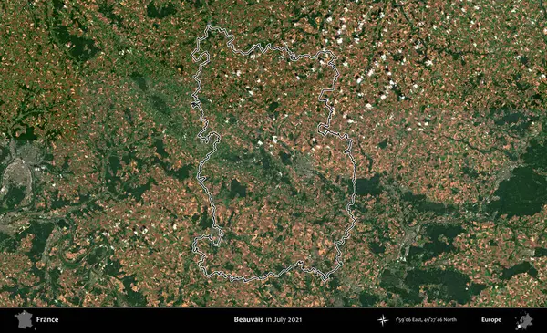 Beauvais. Copernicus Sentinel 'in Temmuz 2021' de çekilen uydu görüntüsünde Fransa 'nın idari bölgesinin ana hatları belirlendi.