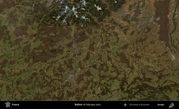 Belfort. Copernicus Sentinel 'in Şubat 2022' de çekilmiş uydu görüntüsü üzerine Fransa 'nın idari bölgesi.