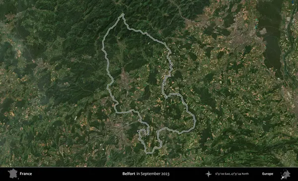 Belfort. Eylül 2023 'te çekilen Copernicus Sentinel karolarından oluşan bir uydu görüntüsünde Fransa' nın idari bölgesinin ana hatlarını çizdim.