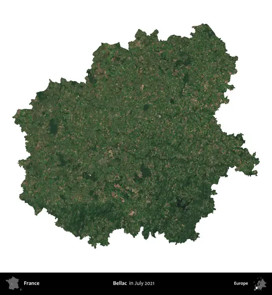 Bellac. Fransa 'nın idari bölgesi, Temmuz 2021' de çekilen Kopernik Nöbetçi karolarından oluşan bir uydu görüntüsüyle beyaza izole edildi.