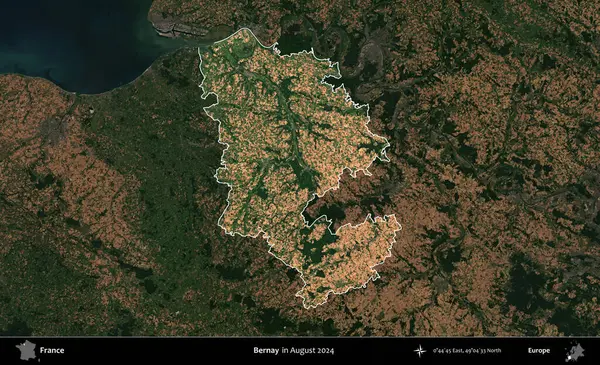 Bernay. Fransa 'nın idari alanı, Ağustos 2024' te çekilen Kopernik Sentinel karolarından oluşan koyu renkli bir uydu görüntüsü üzerinde vurgulandı ve özetlendi.