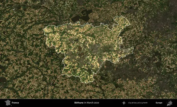 Bethune. Fransa 'nın idari alanı, Mart 2020' de çekilen Kopernik Nöbetçi karolarından oluşan koyu renkli bir uydu görüntüsü üzerinde vurgulandı ve özetlendi.