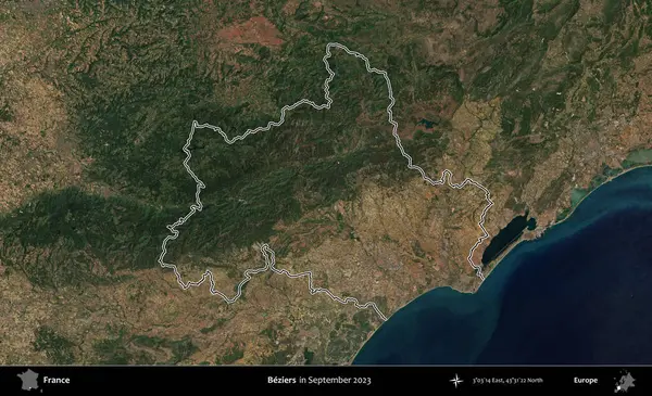 Beziers. Eylül 2023 'te çekilen Copernicus Sentinel karolarından oluşan bir uydu görüntüsünde Fransa' nın idari bölgesinin ana hatlarını çizdim.