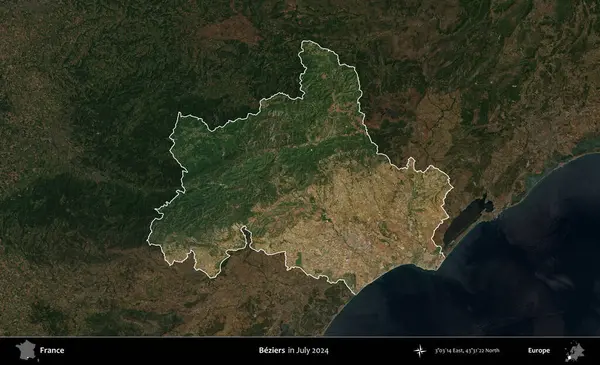 Beziers. Fransa 'nın idari alanı, Temmuz 2024' te çekilen Kopernik Nöbetçi karolarından oluşan koyu renkli bir uydu görüntüsüyle vurgulandı ve özetlendi.