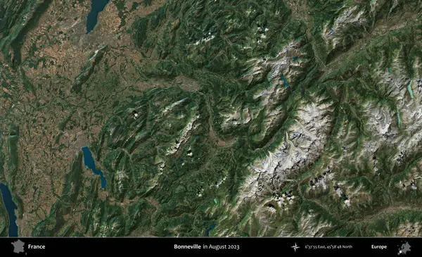 Bonneville 'de. Copernicus Sentinel 'in Ağustos 2023' te çekilmiş uydu görüntüsü üzerine Fransa 'nın idari bölgesi.