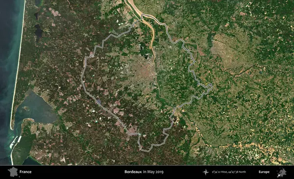 Bordo şarabı. Mayıs 2019 'da çekilen Copernicus Sentinel karolarından oluşan bir uydu görüntüsünde Fransa' nın idari bölgesinin ana hatları belirlendi.