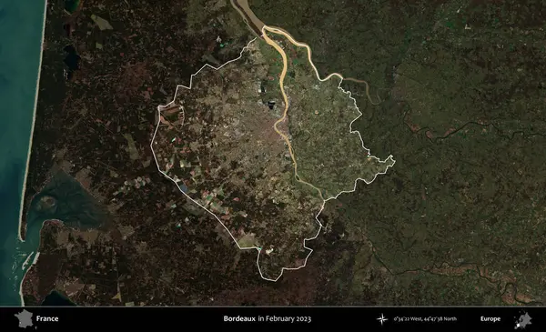 Bordo şarabı. Fransa 'nın idari alanı, Şubat 2023' te çekilen Kopernik Nöbetçi karolarından oluşan koyu renkli bir uydu görüntüsü üzerinde vurgulandı ve özetlendi.