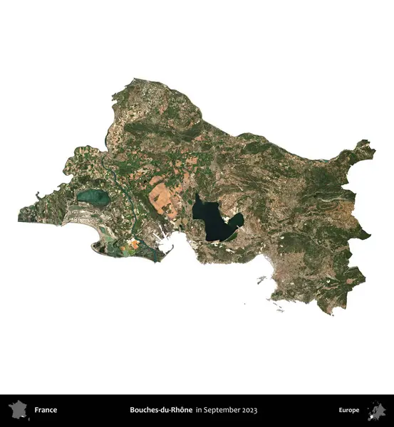 Bouches-du-Rhone. Fransa 'nın idari bölgesi, Eylül 2023' te çekilen Kopernik Nöbetçi karolarından oluşan bir uydu görüntüsü üzerinde beyaza izole edildi.
