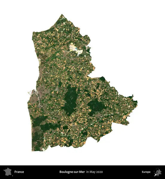 Boulogne-sur-Mer. Fransa 'nın idari bölgesi, Mayıs 2020' de çekilen Kopernik Nöbetçi karolarından oluşan bir uydu görüntüsüyle beyaza izole edildi.