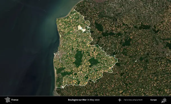 Boulogne-sur-Mer. Fransa 'nın idari alanı, Mayıs 2020' de çekilen Kopernik Nöbetçi karolarından oluşan koyu renkli bir uydu görüntüsü üzerinde vurgulandı ve özetlendi.