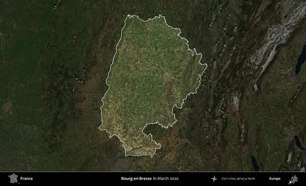 Bourg-en-Bresse. Fransa 'nın idari alanı, Mart 2020' de çekilen Kopernik Nöbetçi karolarından oluşan koyu renkli bir uydu görüntüsü üzerinde vurgulandı ve özetlendi.