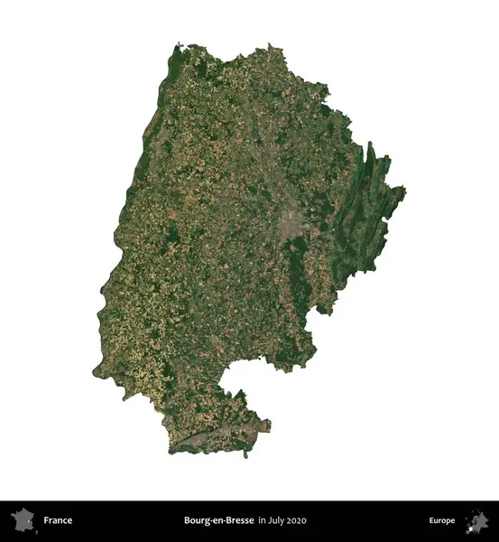 Bourg-en-Bresse. Fransa 'nın idari bölgesi, Temmuz 2020' de çekilen Kopernik Nöbetçi karolarından oluşan uydu görüntüsüyle beyaza izole edildi.